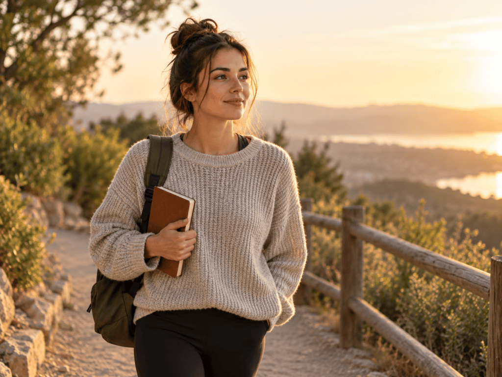 Woman walking confidently on an outdoor path with a journal, representing self trust and boundaries