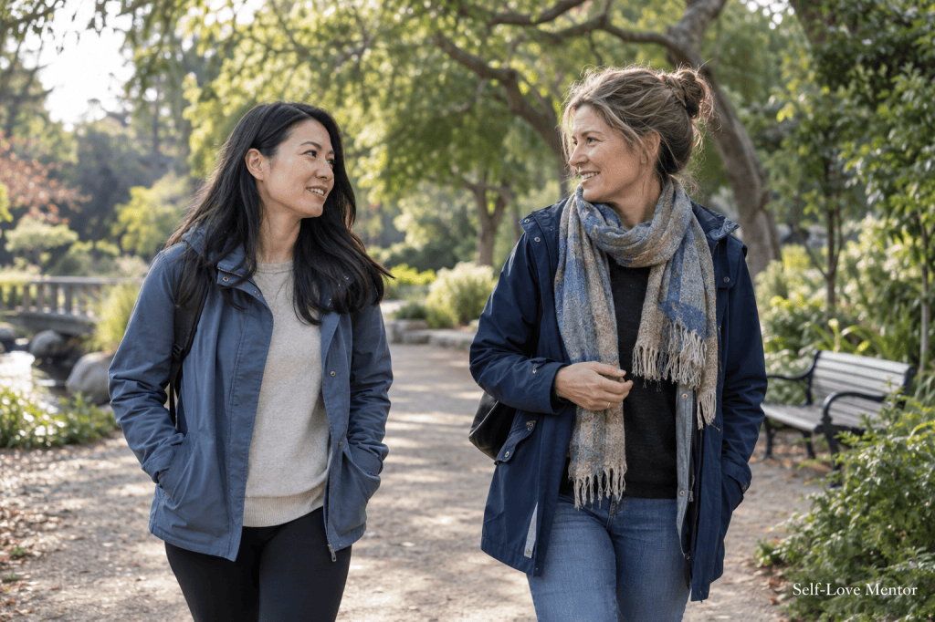Two women walking together and talking along a leafy park path.