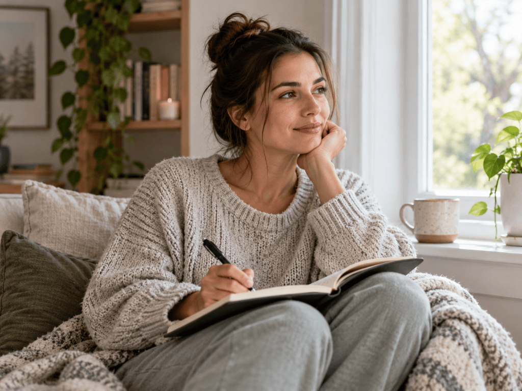 Woman reflecting by a sunlit window with an open journal, representing emotional healing