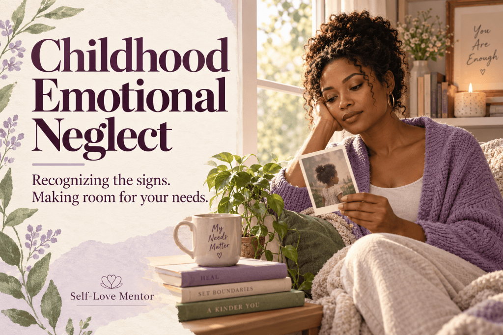 A woman holding a childhood photograph beside the title Childhood Emotional Neglect and Self-Love Mentor branding.