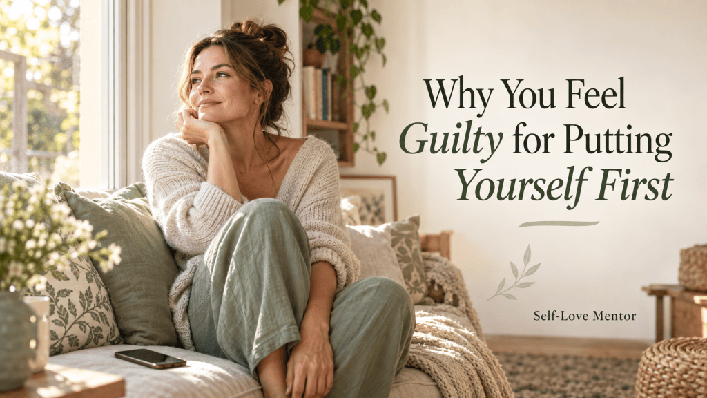 Woman resting beside a sunlit window with the title Why You Feel Guilty for Putting Yourself First.