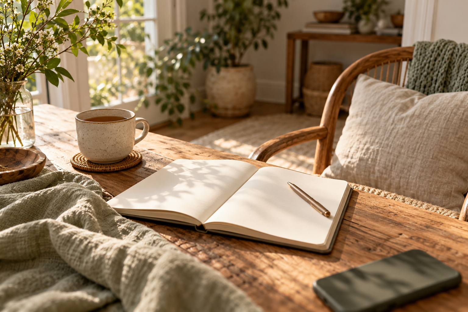 An open journal and a cup of tea on a sunlit table beside a comfortable chair.