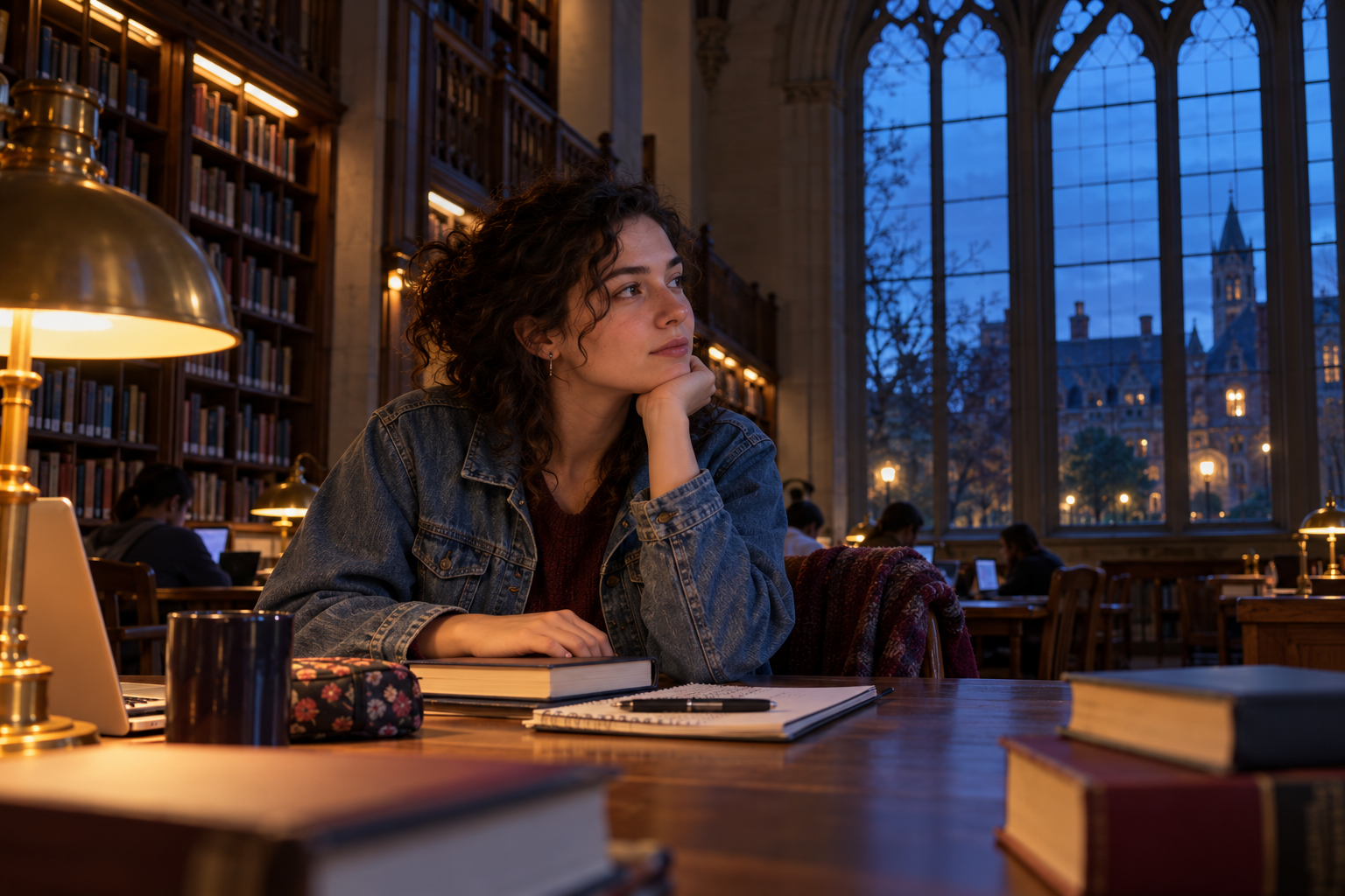 A young adult student pausing beside a closed textbook in a library at dusk.