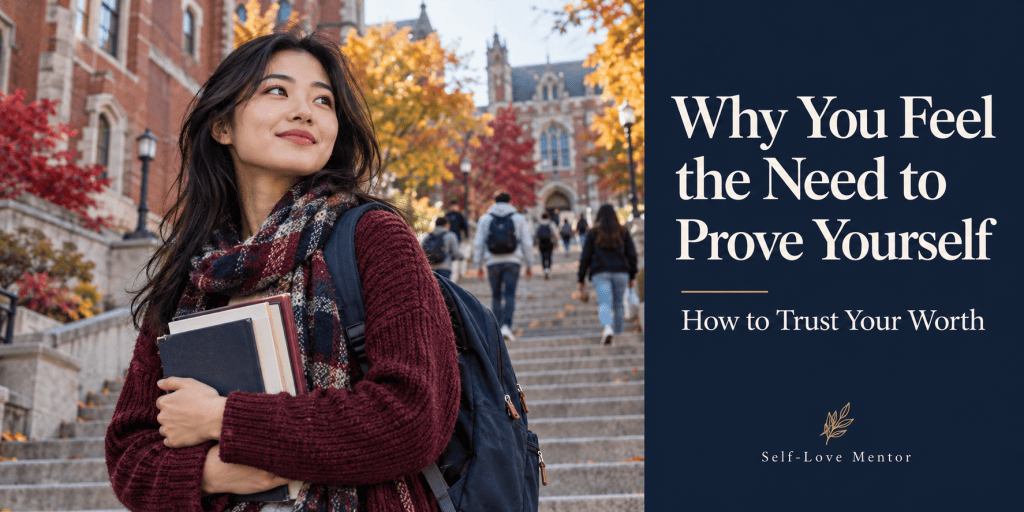 Young adult student holding books on autumn campus steps beside the article title about proving yourself and trusting your worth.