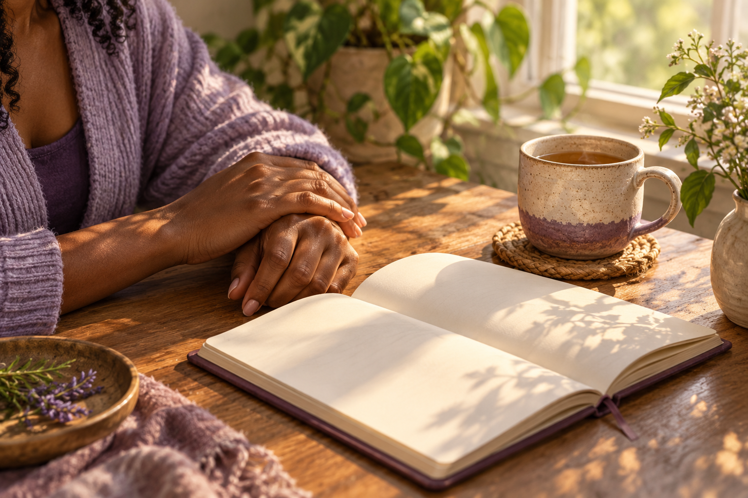 A woman’s hands beside an open blank journal and a cup of tea on a sunlit wooden table.