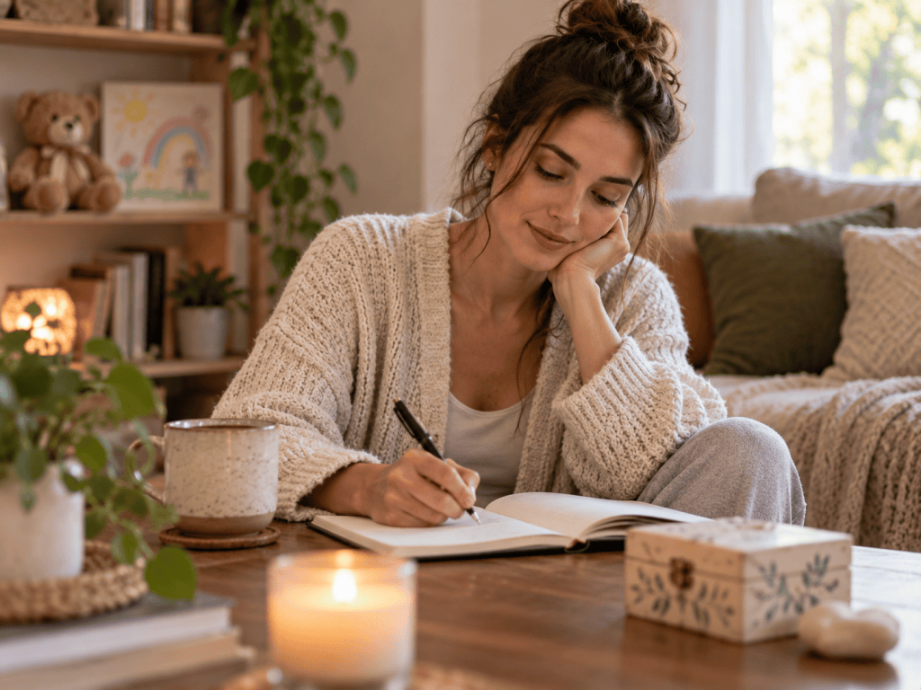 Woman writing reflectively in a cozy room with childhood keepsakes nearby