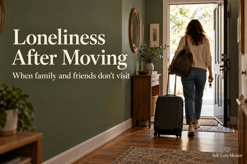 Woman seen from behind at an open doorway with a suitcase and keys; title reads Loneliness After Moving: When family and friends don’t visit.