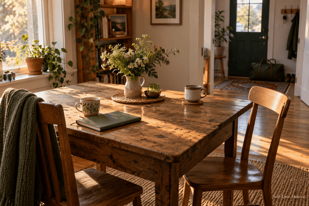 Two empty chairs and two cups at a sunlit wooden table, with a notebook and travel bag nearby.