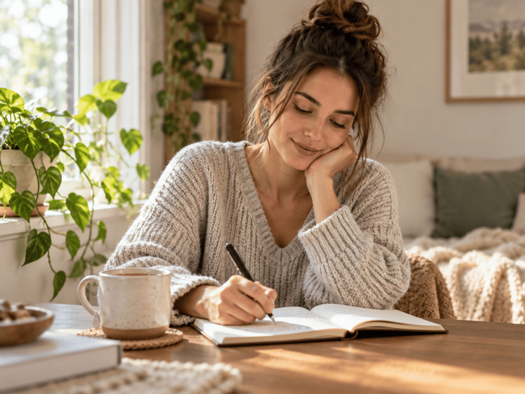 Woman journaling peacefully at home beside a window, practicing self care
