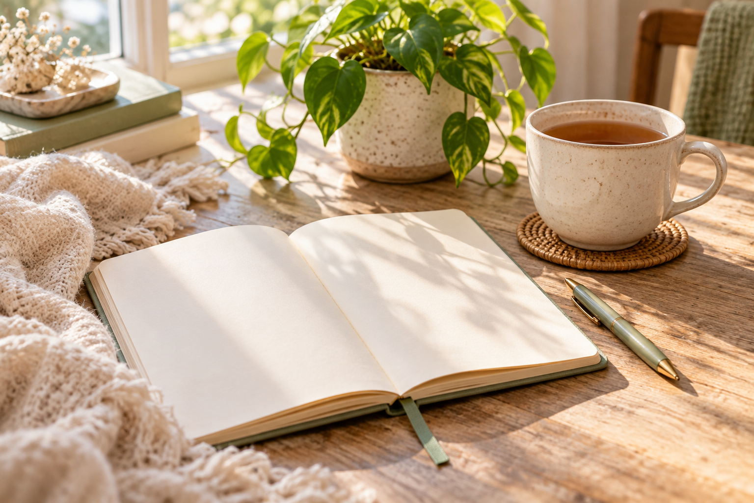 Open journal, pen, tea and a green plant on a sunlit wooden table.